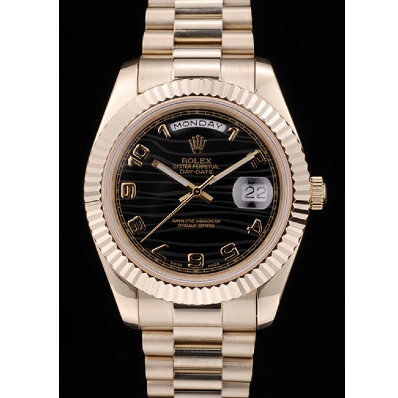 Aaa replica watch DayDate Rolex 41998 Gold Dial Steel Stainless Bezel Black Ribbed Swiss 1029
